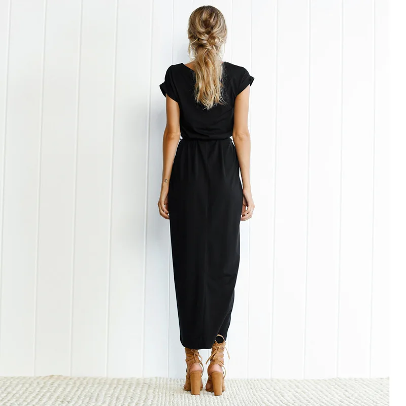 

Newly Women Casual Belted Split O-Neck Maxi Long Dress for Summer Beach m99
