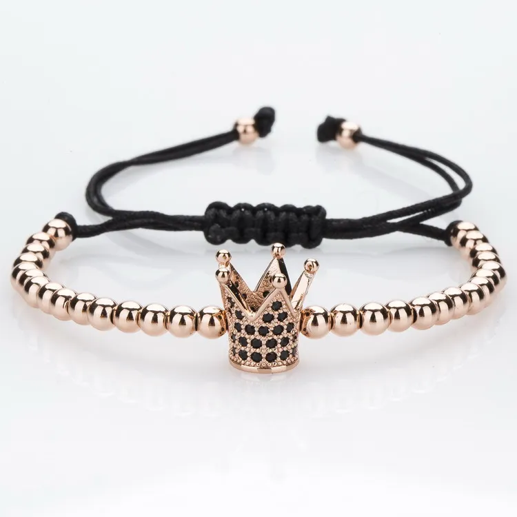 Rose Gold Топ Модный бренд Императорская Корона Шарм Для мужчин браслет известный микро проложить CZ бисер Мода плетение макраме Браслеты - Окраска металла: Rose Gold