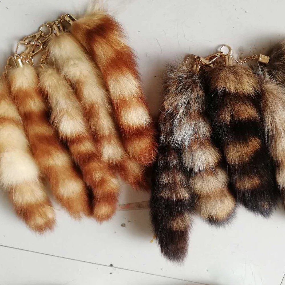 25CM Length Real Raccoon Fur Stripe Tail Keychain Charms Women Handbag Pendant Pompom Key Rings Car Styling Tassel Chians | Украшения и