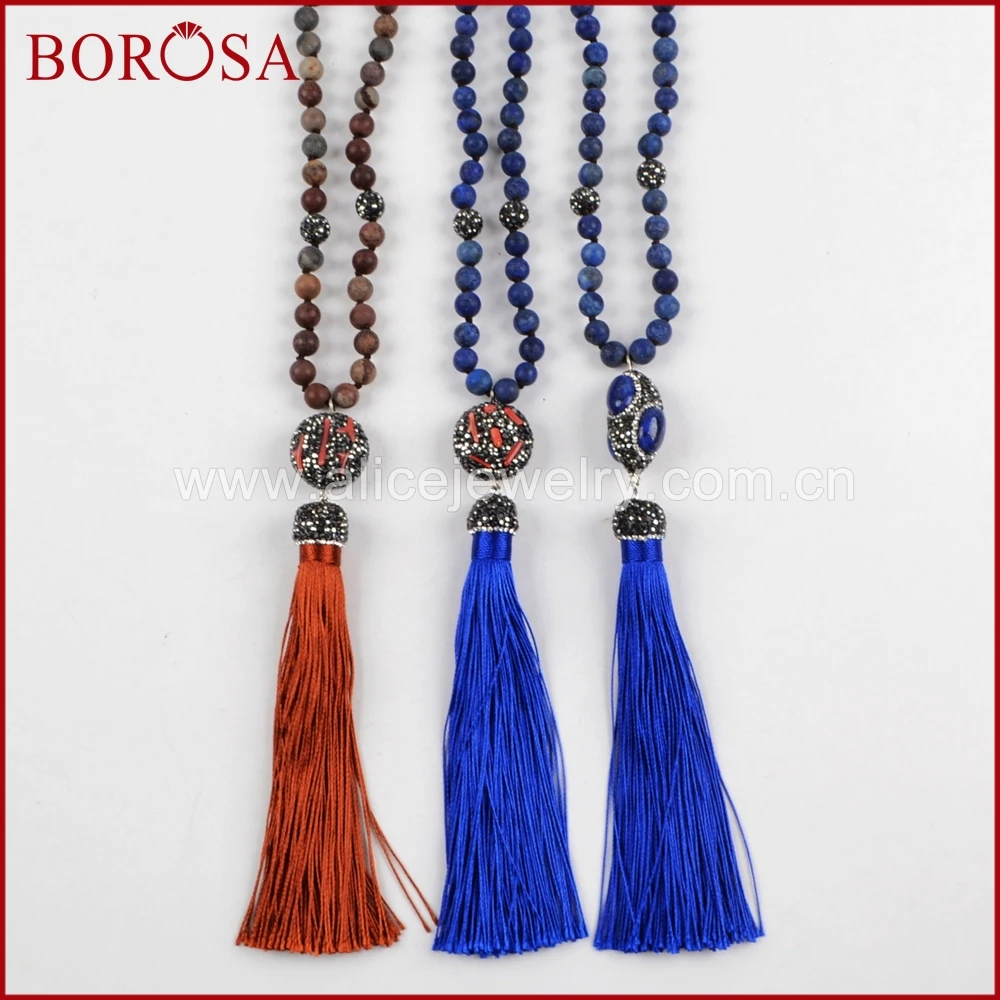 

BOROSA Handmade Stone Necklace Drusy Rhinestone Pave 8mm Lapis Lazuli/Chohua Gems Stone Beads Tassel Necklace for Women JAB698