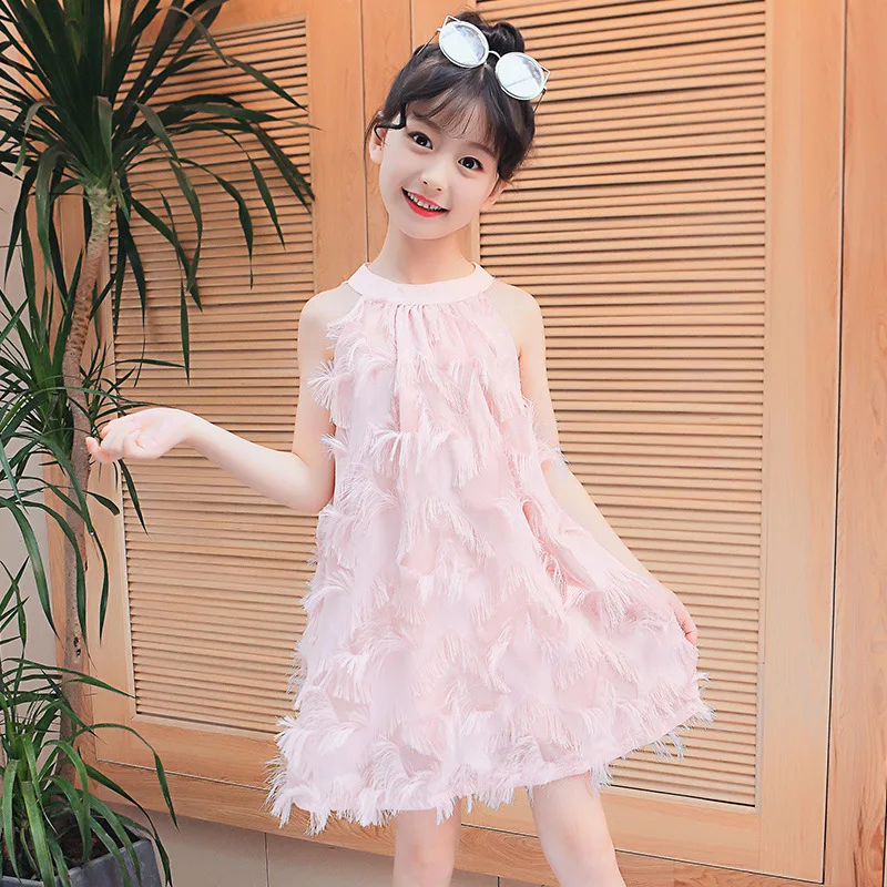 VYU Girls Dresses 4~14 Yrs Children Clothing Summer 2020 Cotton O-Neck Strap Princess Dress Feather Tassel Sweet Vestido | Детская