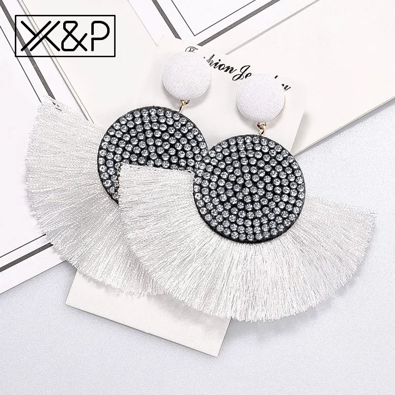 White X& P модные богемные большие серьги с кисточками и кристаллами, черные, белые, красные шелковые висячие серьги с ниспадающими кисточками для женщин, ювелирные изделия - Окраска металла: White