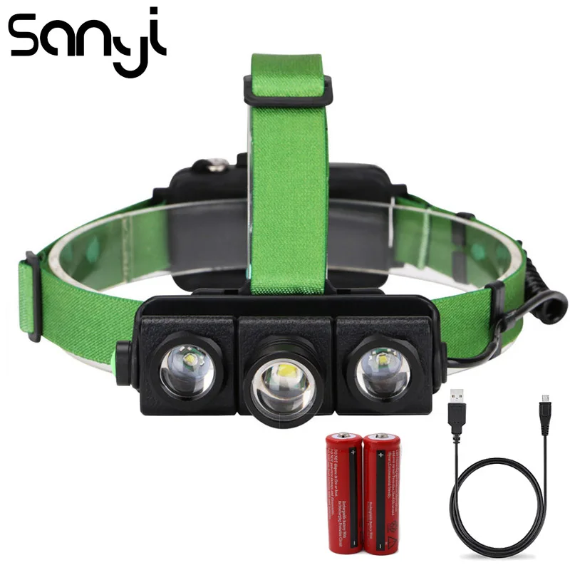 SANYI 1 * T6 + 2 фонарь XPE сильный яркий 4 режима фонарик лоб светодиодный USB