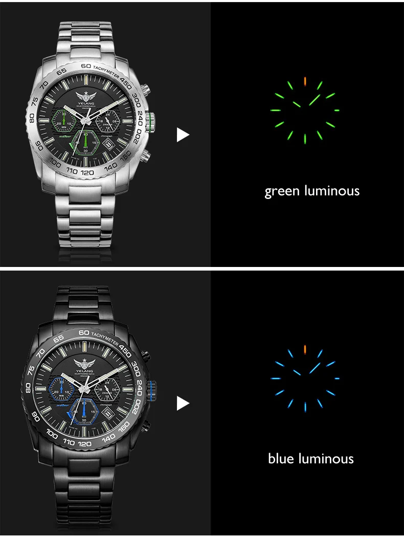 Новое поступление YELANG V1210 Eco-Drive Move men t T100 Тритий светящийся стальной ремешок сапфировое зеркало мужские деловые часы наручные часы