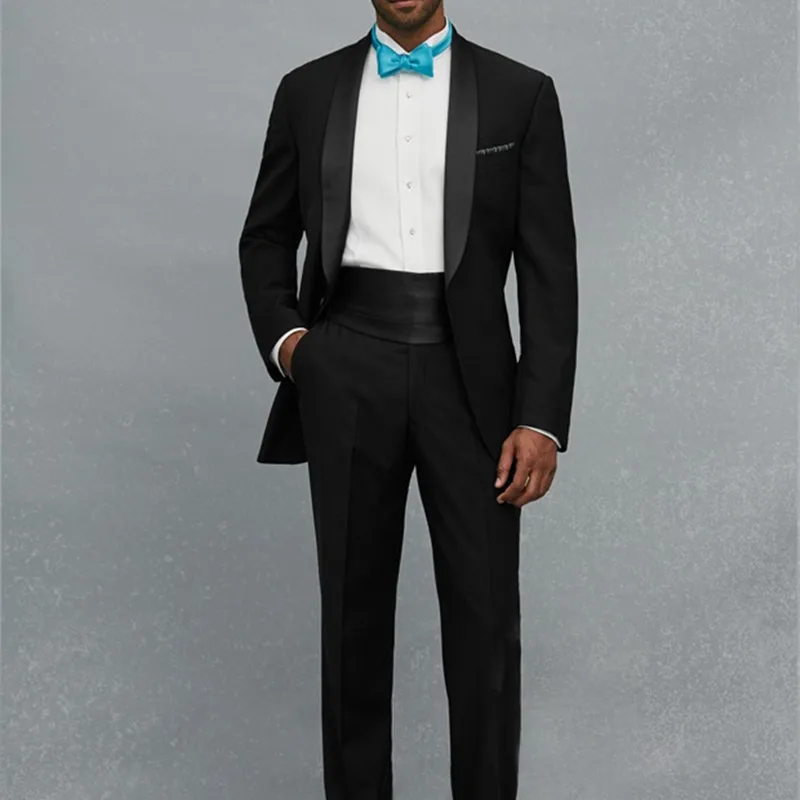 2017 One Button Black Groom Tuxedos Groomsmen Men's Wedding Prom Suits costume homme Custom Made (Jacket+Pants+Girdle+Tie)