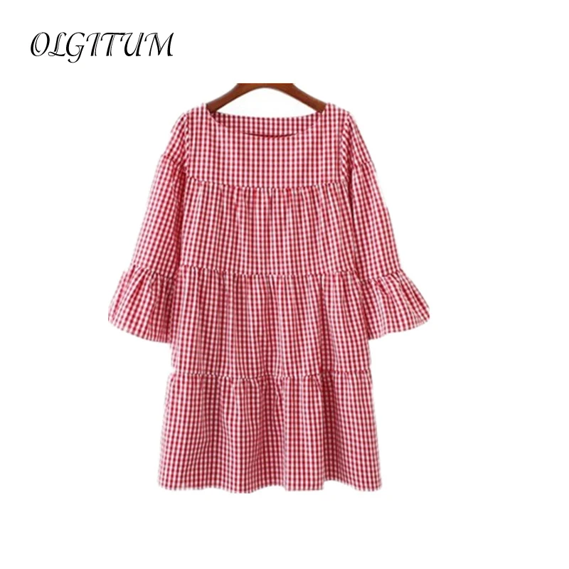 OLIGITUM 2019 Fashion Fold Plaid Oversized Women Dress Summer Flare Sleeve Loose Casual Sweet dresses two colors | Женская одежда