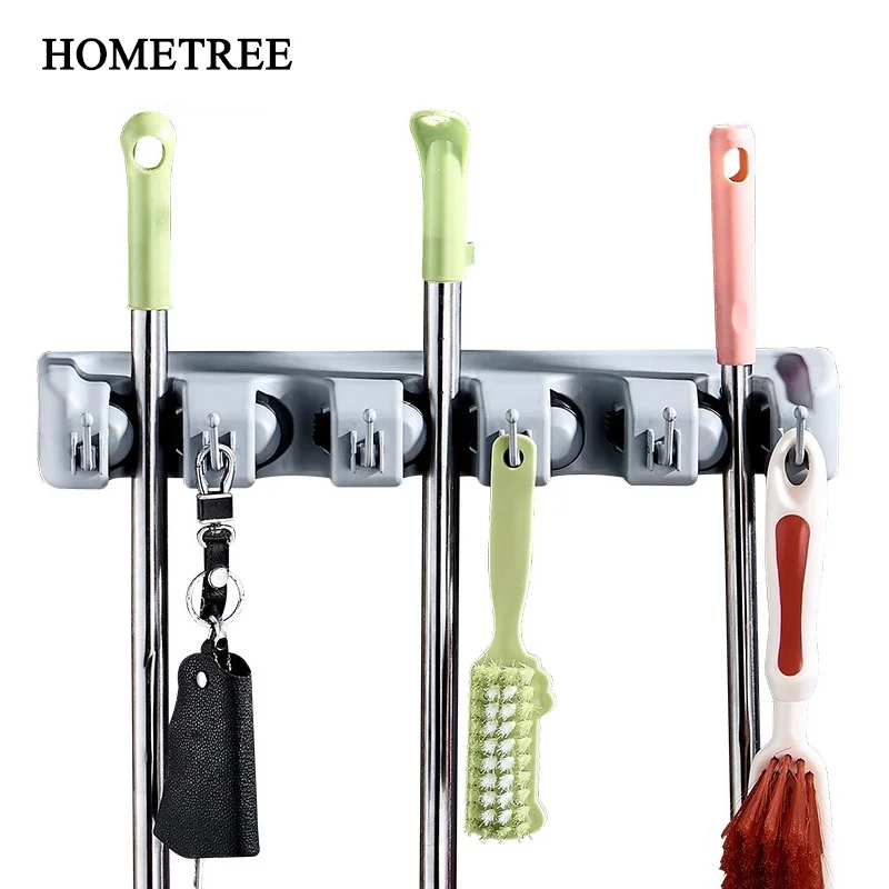 

HOMETREE 1PC 5 Holes Mop Hanger 6 Hook Rack Kitchen Utensils Bathroom Umbrella Balcony Wall Hanger Organizer Storage Rack H694