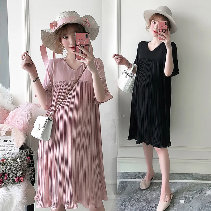 

Large yard maternity dress 200 pounds summer dress pleated chiffon pregnant women dress summer short-sleeved maternity dress A