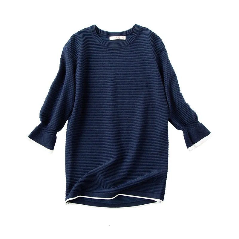 Suvance Autumn Winter Fashion Knitted O Neck Half Sleeve Sweater Casual Navy Blue Color Slim Women Pullover | Женская одежда