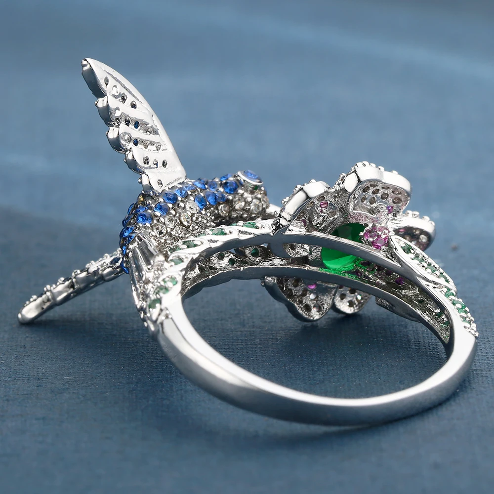 Женское кольцо из серебра 2017 пробы с цветным цветком и птицей|ring jewelry|wedding ringsdesigner