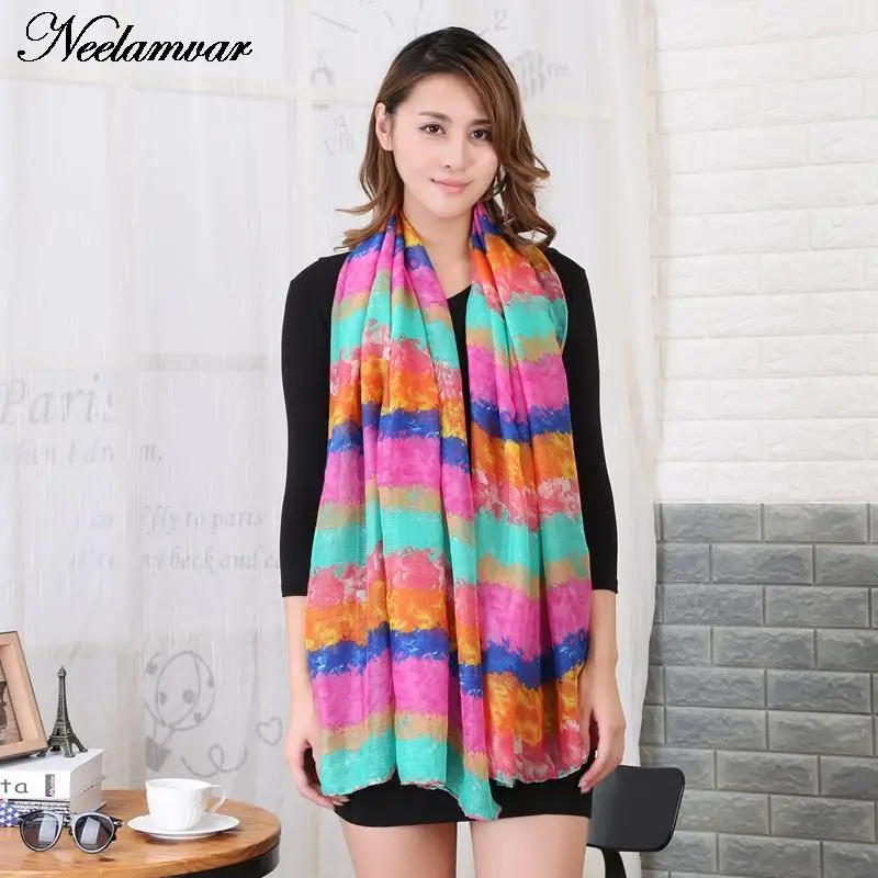 Новый дизайнерский женский шарф с радужным градиентом хлопковый вуалью шаль из