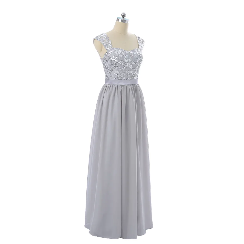 Серебристые трапециевидные шифоновые кружевные длинные платья подружки невесты
