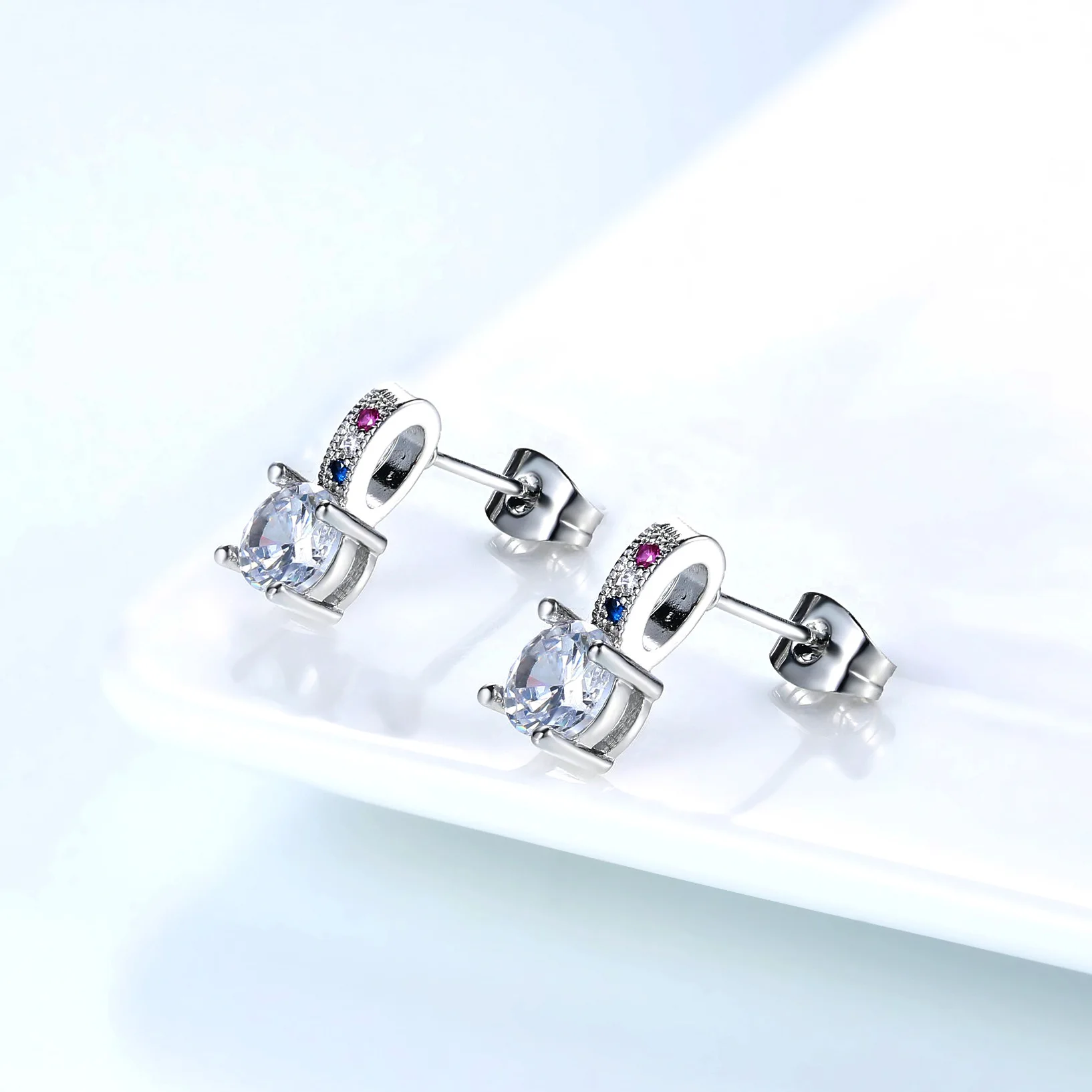 Hainon Cute Romantic Lovely Clear Stone Round Shape Simple Silver Color Stud Earrings Blue Purple Cubic Zirconia For Women Party | Украшения