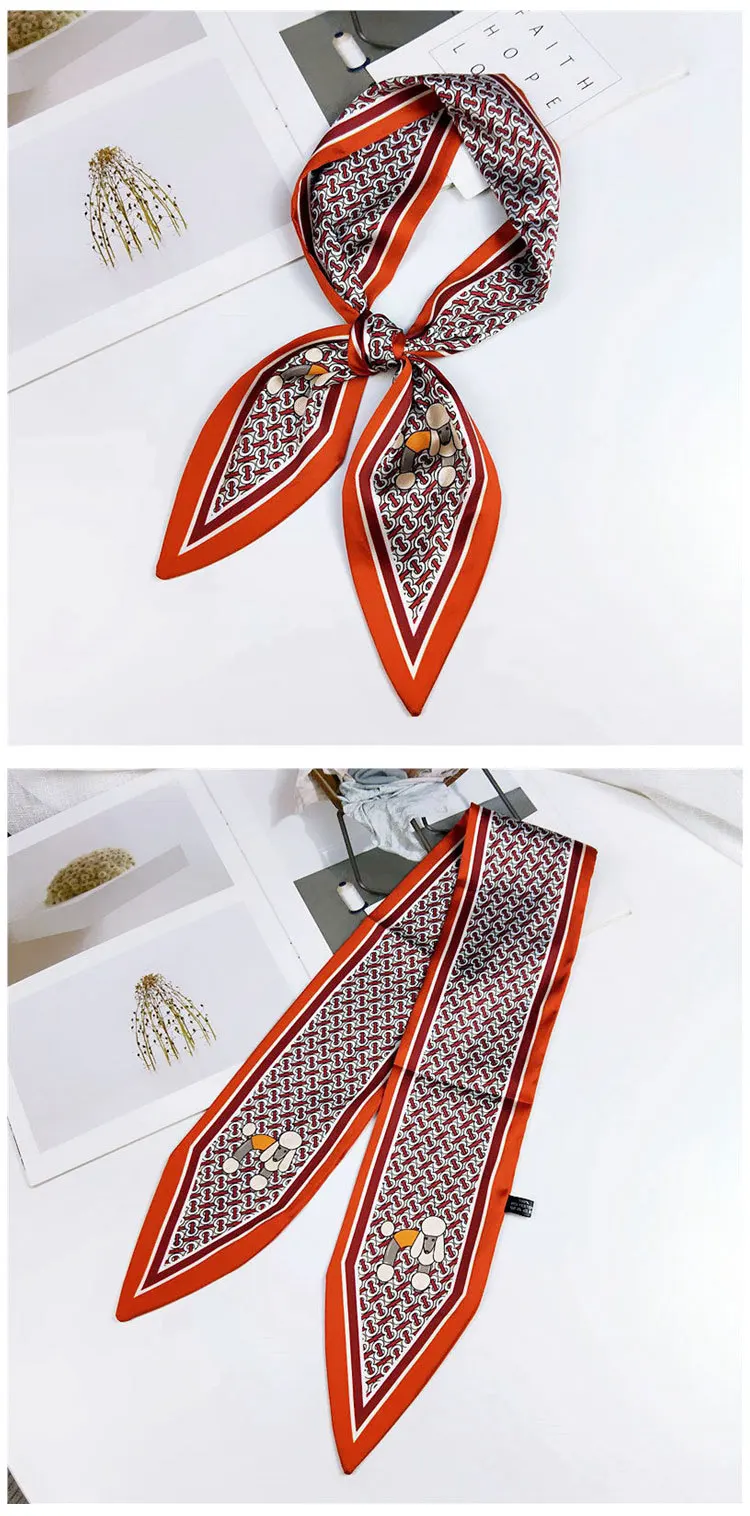 Fashion Hair Scarf For Women Neckerchief Cute Tie Wrist Ribbons Print Silk Satin Bag Scarfs Long Skinny Scarves For Ladies