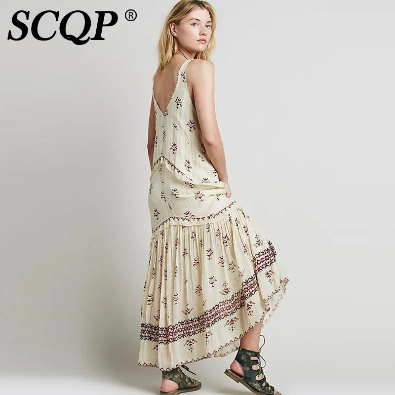 SCQP Спинки Отпечатано Ruffles Beach Dress Дамы Рукавов Глубокий V-образным Вырезом Чешские