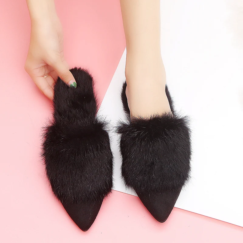New Fashion Women Slippers Winter Faux Fur Slides Ladies Cute Warm Plush Mules Slip On Casual Flat Shoes Woman Furry Flip Flops | Обувь