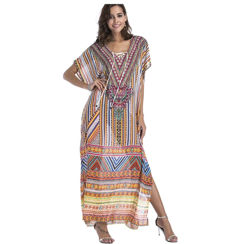 

2019 New Spring Summer Dress Beach Casual Fashion Trendy Print Large Size Loose Short Sleeve V Collar Long Women Dresses ZW166