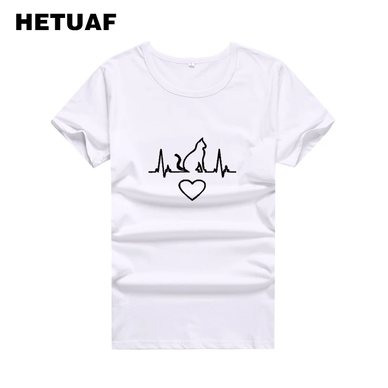 

HETUAF Heartbeat Love Cat Printed Graphic Tees Women 2018 Ulzzang Hipster Black White T Shirt Women Harajuku Camisetas Mujer