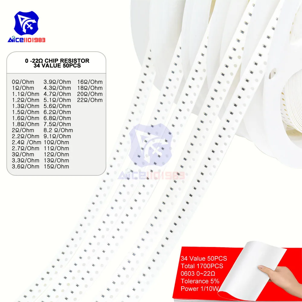 1700 шт./лот 34 значения 50 шт. 0603 чип SMD резистор 0R -10 МОм/Ом 5% 1/10 Вт 0 5 Сопротивление