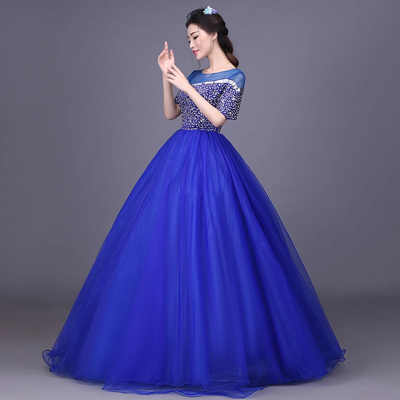 Новый 2017 синий лодка шеи половина рукава вечерние платья stage соло блестки бальные
