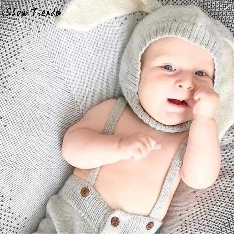 Мода новорожденных Шапки фотофона с зимними шапочка, связанная крючком с заячьими ушками узор бини зимняя теплая шапка Fotografia без полей для мужчин#1102