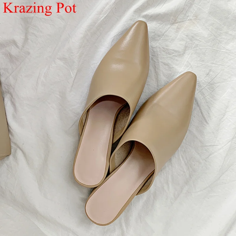 

Krazing Pot genuine leather pointed toe slip on women pumps slingback sweet mules lazy med heels comfortable summer shoes L79