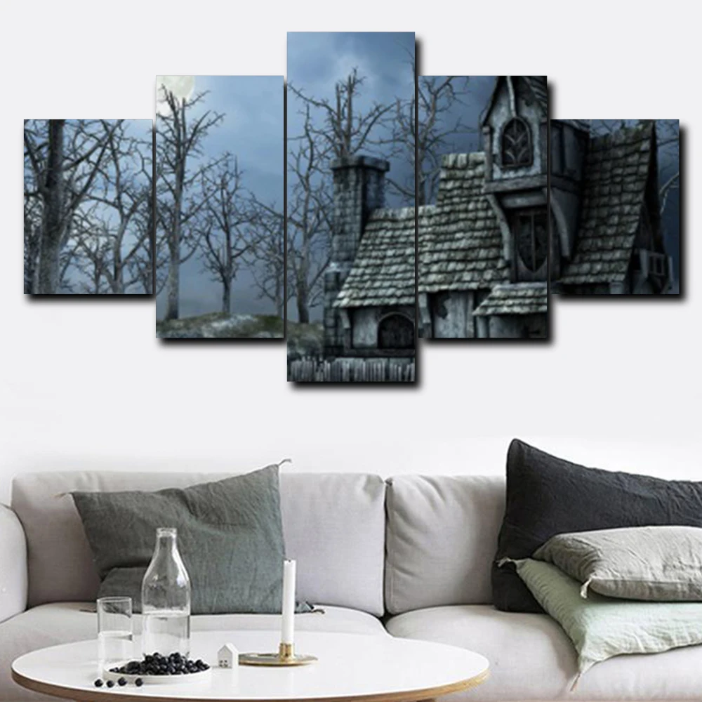5 панельный Ночной пейзаж деревья дом винтажная стена Artworkwork Холст Картина маслом
