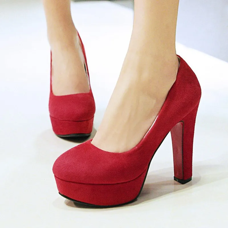 Red REAVE CAT/женские туфли-лодочки на высоком каблуке модельные туфли из флока на платформе с круглым носком на толстом каблуке 12 см; цвет черный, красный, серый; большие размеры 32-43 - Цвет: Red