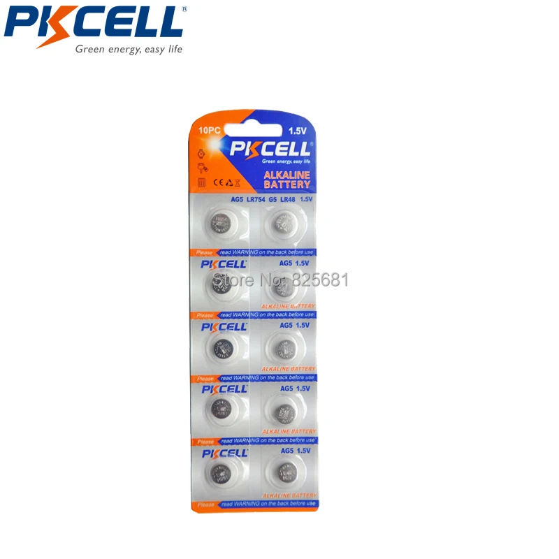 

100Pcs 10Card PKCELL AG5 Alkaline Button Coin Batteries LR48 193 754 1.5V 60mAh Cell Battery For watches Calculator