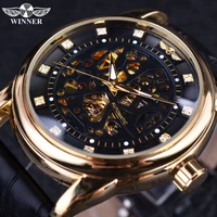 winner classic genuine leather series royal diamond design black golden case skeleton men watch top brand luxury automatic watch