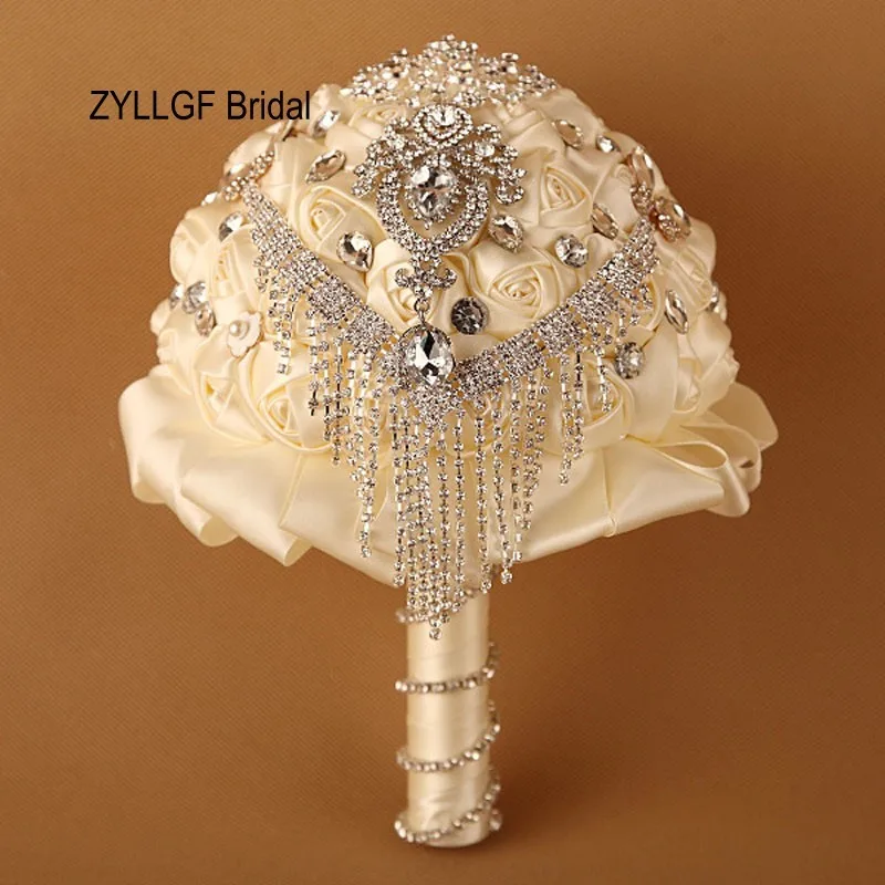 Zyllgf Sparkly роскошные невесты Букет Кристалл Букеты свадебные искусственные атласные Свадебные Холдинг Цветы из Китая WF7