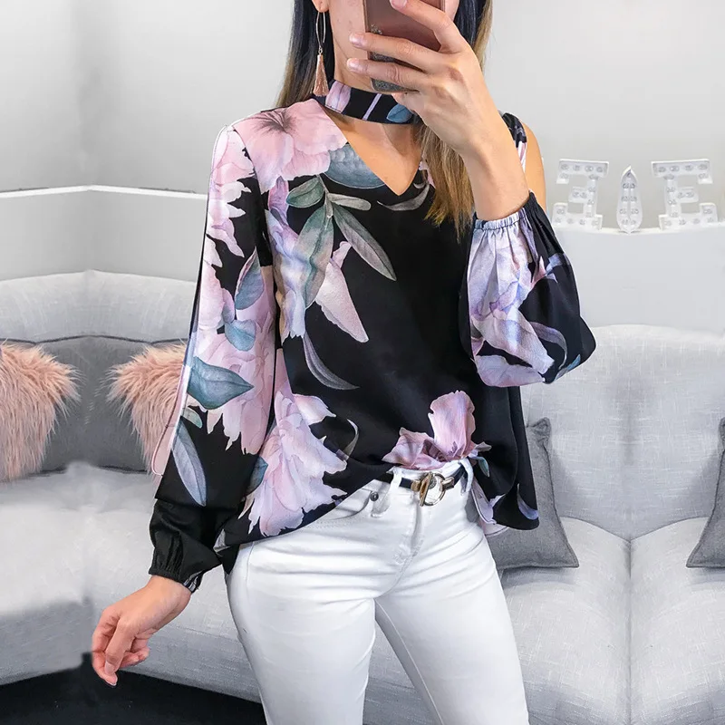 Осенняя блузка с цветочным принтом и длинными рукавами фонариками v образным
