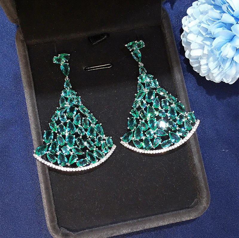 Be8 Роскошные Большие Pendientes зеленый CZ посеребренные серьги для женщин Brincos модные свадебные ювелирные изделия оптом E1-127