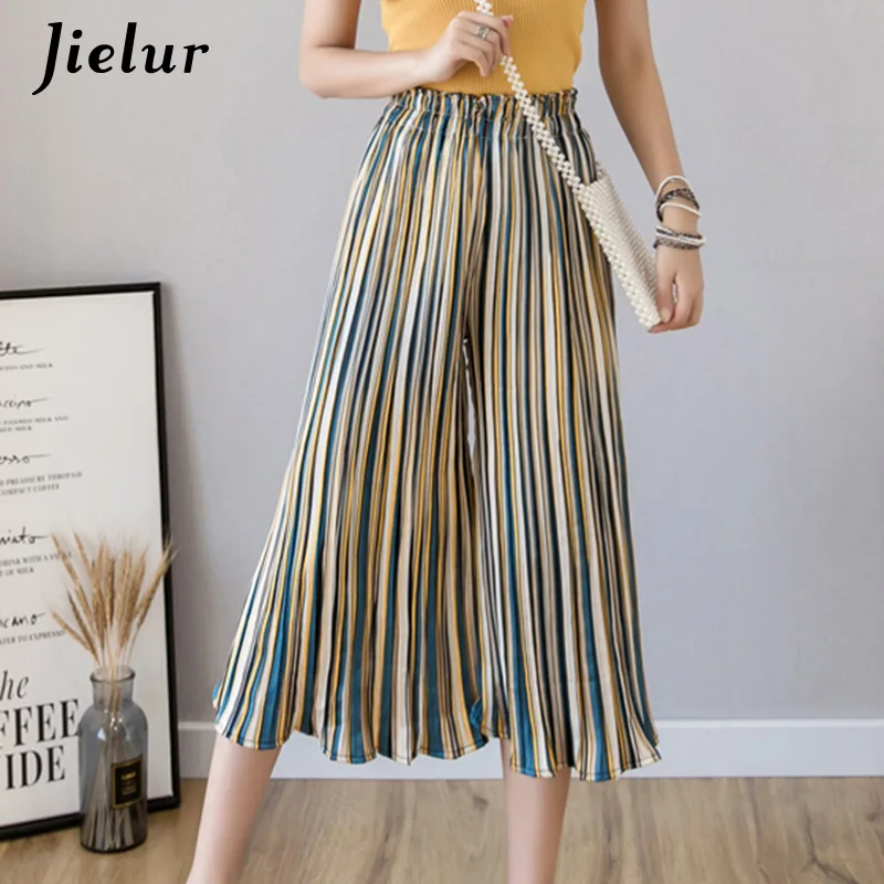 Yellow Blue White Jielur модные плиссированные шифоновые брюки женские летнее в горошек Цветочные полосатые широкие брюки женские свободные Женские панталоны - Цвет: Yellow Blue White