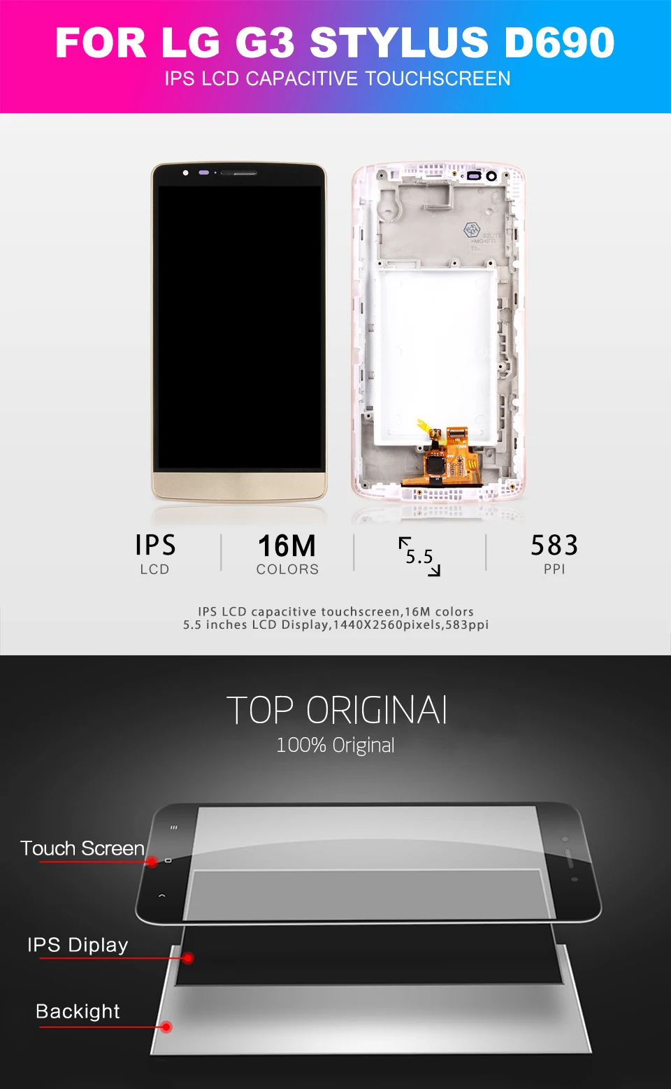 Для LG G3 Stylus ЖК-дисплей сенсорный экран матрица дигитайзер сенсор Стекло Замена с рамкой для LG G3 Stylus D690 дисплей