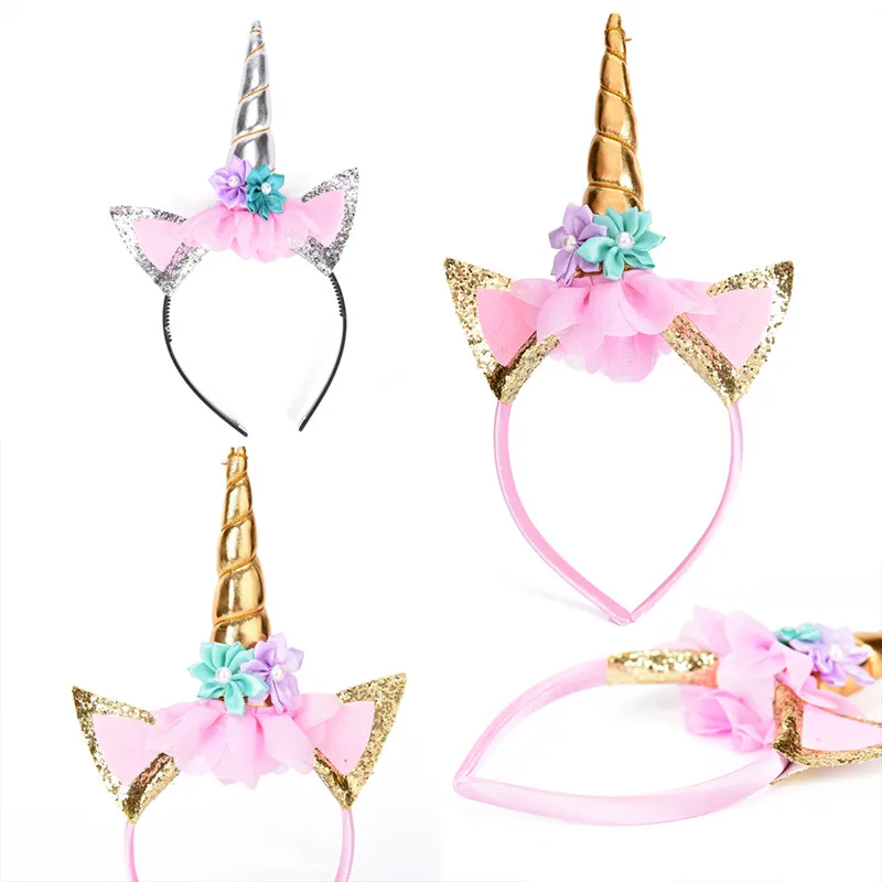 Child Cat Ear Headband Tiara Glitter Metallic Rainbow Bowknot Unicorn Horn With Flowers Hair Hoop Party Gift For Kids |