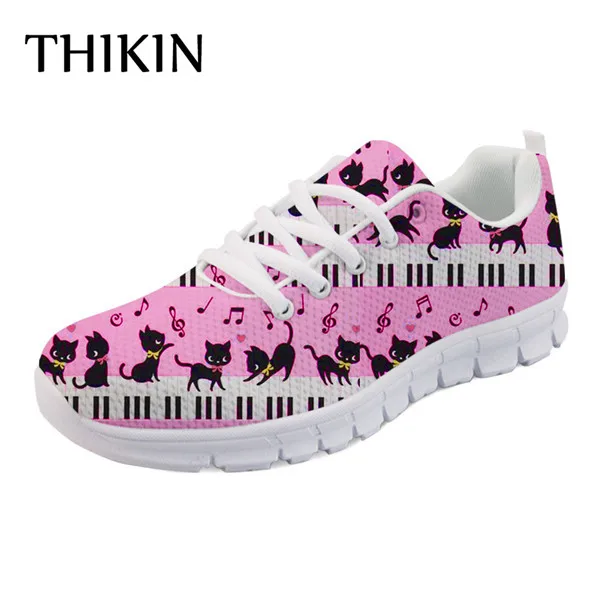 As Picture THIKIN Piano/Повседневная Брендовая женская обувь на плоской подошве с музыкальной нотой; сезон осень; Женская удобная сетчатая обувь с милым принтом кота - Цвет: As Picture