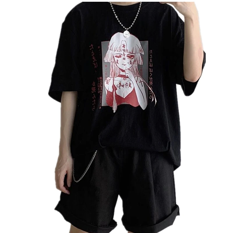 Harajuku Kawaii аниме футболка с принтом женская готическая негабаритная черная футболка Femme Топы Милые друзья белая футболка Корейская одежда 90s