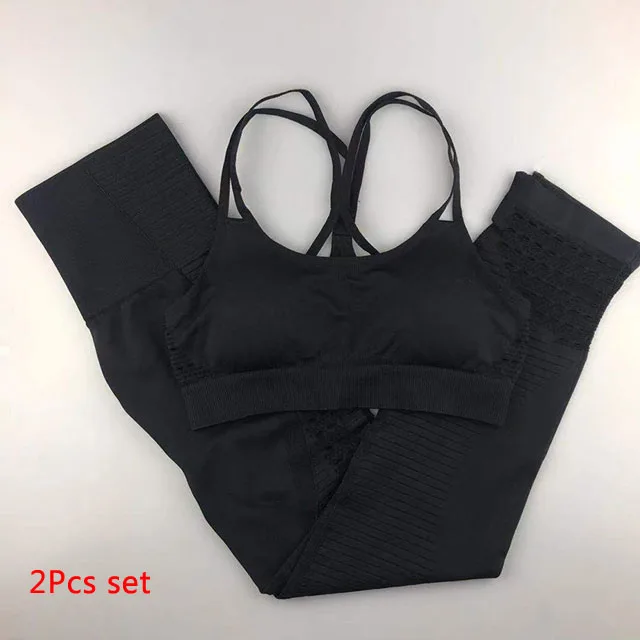 Black 2Pcs set 2 шт./компл. Бесшовные Спортивный костюм Для Женщин Йога набор мягкий пуш-ап спортивный бюстгальтер Фитнес Костюмы женские эластичные леггинсы, брюки для девочек - Цвет: Black 2Pcs set
