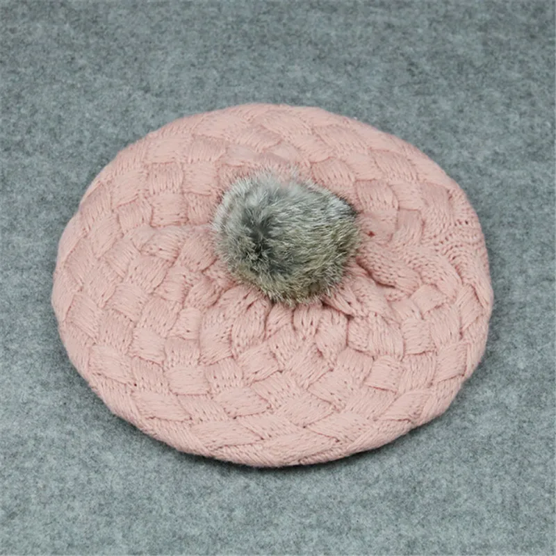Berets are popular in winter Rabbit hair ball hat for children Chaobao knitted cap Monochromatic ear protector wool gifts | Аксессуары