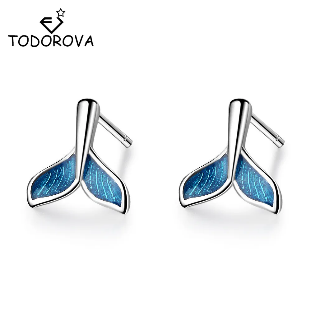 Серьги гвоздики Todorova с голубым Китом и дельфином хвостом русалки серьги для