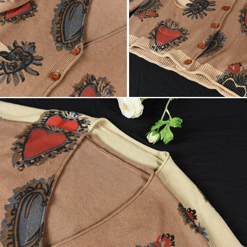 Autumn Winter Sweater Women Retro Loose Knitting jackets 2019 New Female Tops V-Neck Button Print Casual Coat |