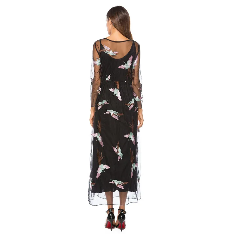 Женское длинное платье с круглым вырезом Houmk черное газовое вышивкой в виде