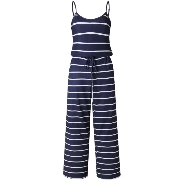 0916 DARK BLUE STRIP S-3XL Плюс Размер Сарафан Повседневная Весна Лето Комбинезоны Сексуальная Рукавов Плотно Талия Цветочный Печати Свободные Брюки Женские Комбинезоны Красный - Цвет: 0916 DARK BLUE STRIP