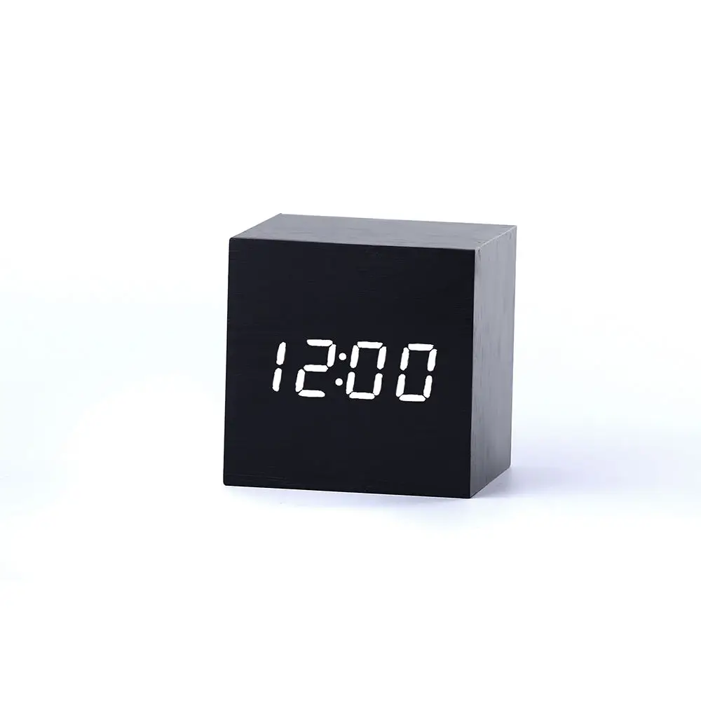Black Wood White LED Деревянный квадратный светодиодный Будильник, настольный цифровой термометр, деревянные часы USB/AAA, настольные часы, домашний декор - Цвет: Black Wood White LED