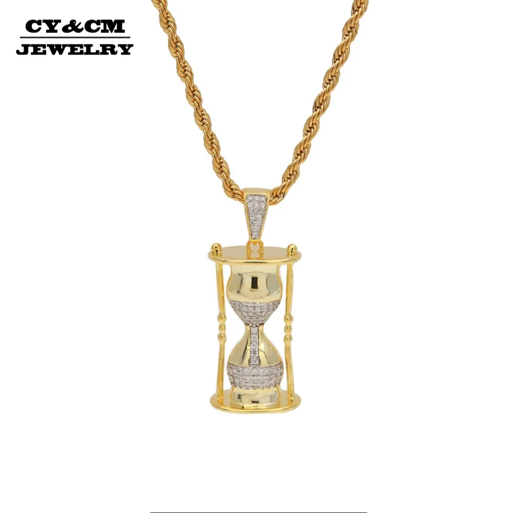 

CY&CM Hourglass Pattern Pendants Necklaces Hip Hop Fashion Micro Pave Cubic Zirconia Iced Out Jewelry Men Women Gold CZ Chain