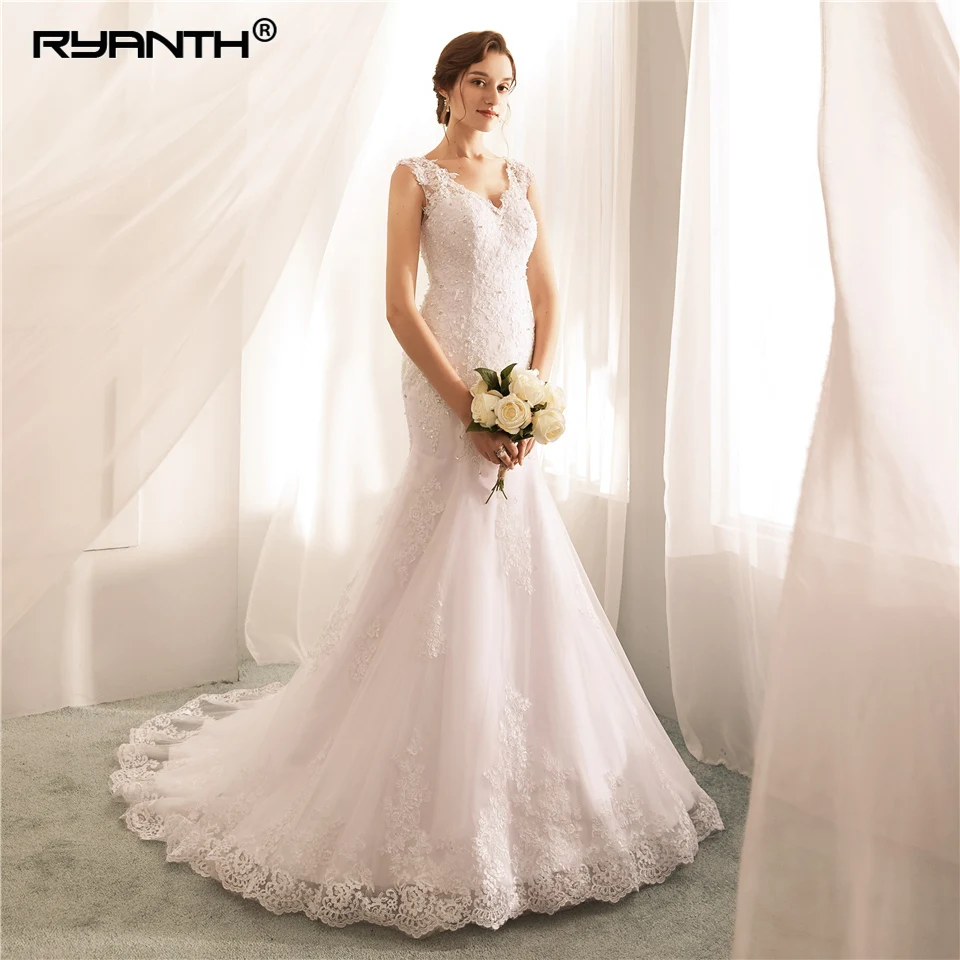 Ryanth Robe De Mariage 2018 новые кружевные свадебные платья русалки с рукавами крылышками