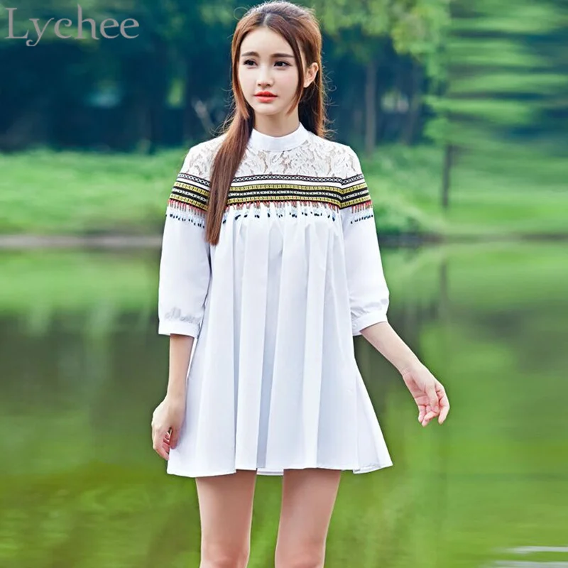 Женское богемное мини платье Lychee милое этническое с вышивкой и кисточками