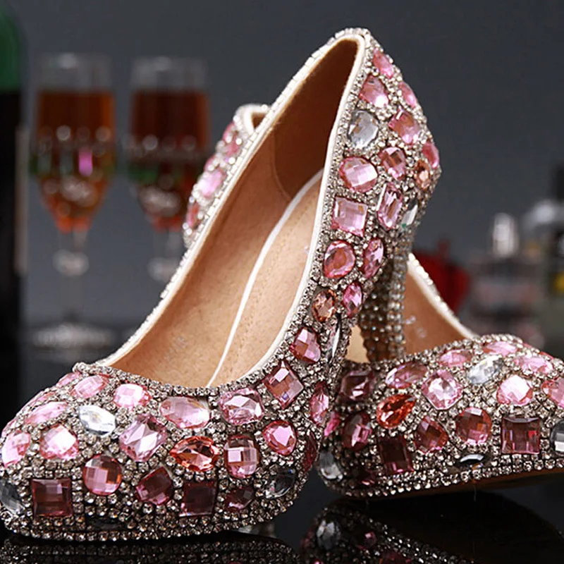 Великолепные туфли стразы на высоких каблуках красивая розовая Женская вечерняя