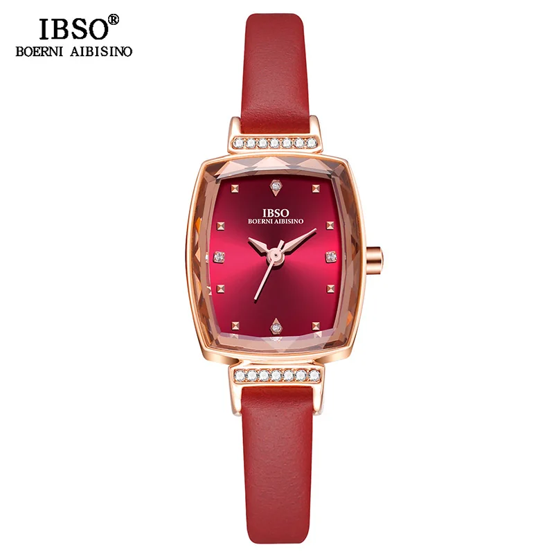S8639L-RG-RD IBSO брендовые модные дизайнерские часы для женщин, наручные часы из натуральной кожи, роскошные женские кварцевые часы с кристаллами - Цвет: S8639L-RG-RD